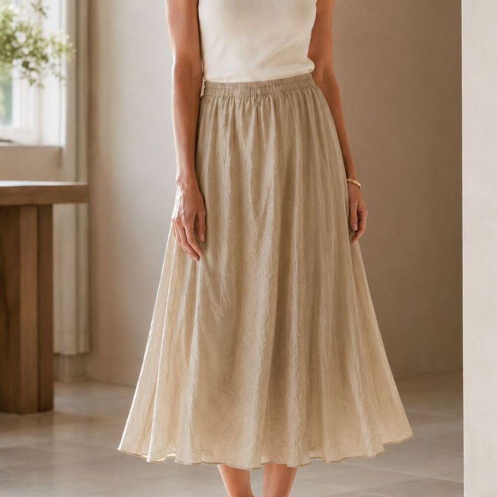 Vince Gathered Pull-On Midi Skirt L Sea Stone Crinkle Quiet Luxury